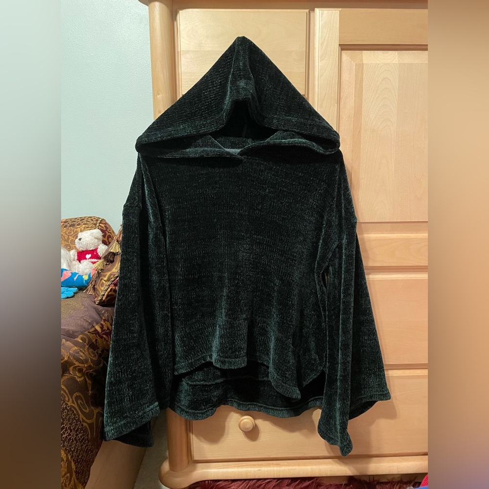 Dark green “velvety” hooded pullover/ sweater/ sweatshirt with bell sleeves.
